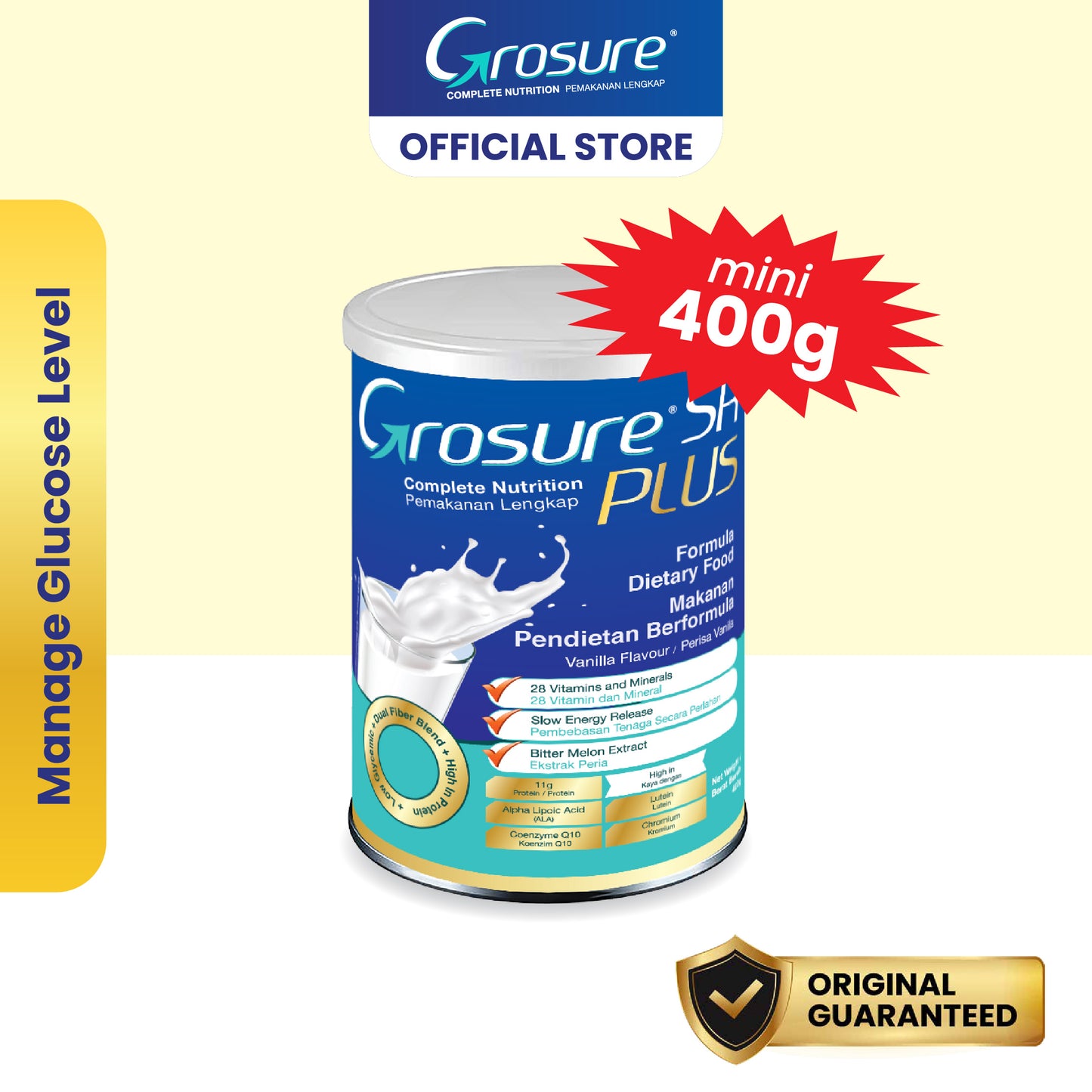 Grosure SR Plus Susu Kencing Manis/Susu Peria Katak - Vanilla (400g/800g)
